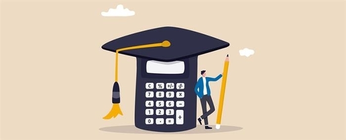 Graphic of student leaned against a calculator. The calculator has a graduation cap on top of it.