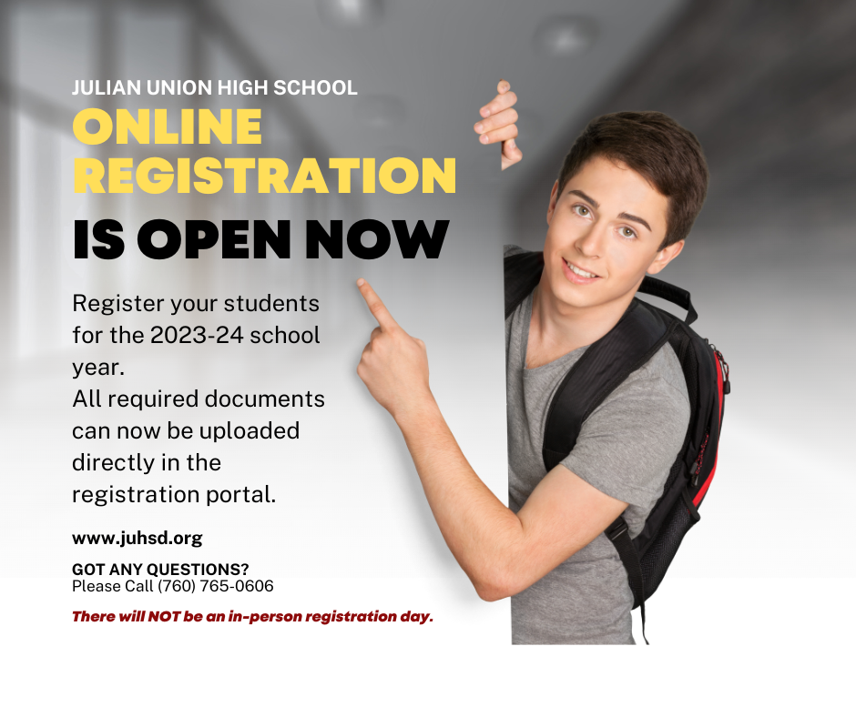 Julian High School Online Registration is Open, student pointing to the word "open".